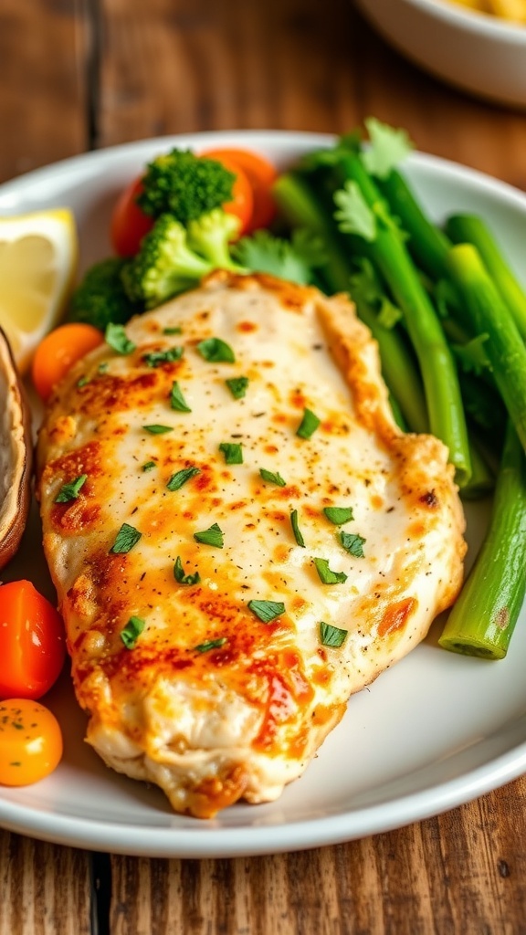 Healthy Air Fryer Chicken Breast Recipe Crispy air fryer chicken breast garnished with herbs, served with vegetables and lemon on a wooden table.